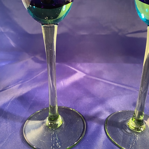 2 Festival Green Blue Block Champagne Flute Glass Stemmed 10.25" Hand Crafted - Picture 2 of 5